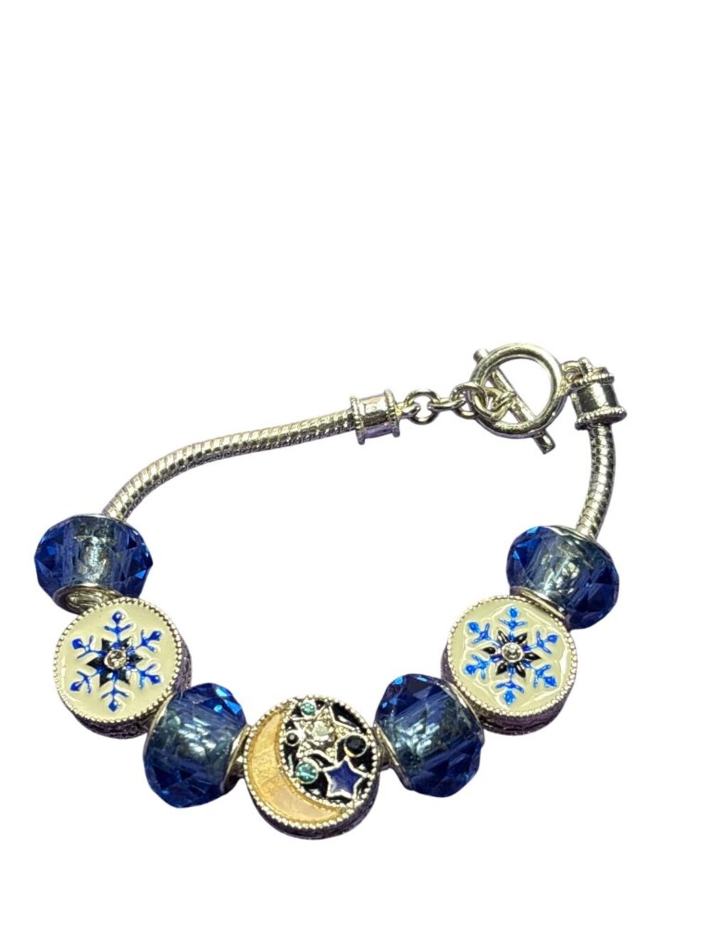 Winter Celestial Beaded Charm Bracelet Crescent Moon Snowflakes Blue White